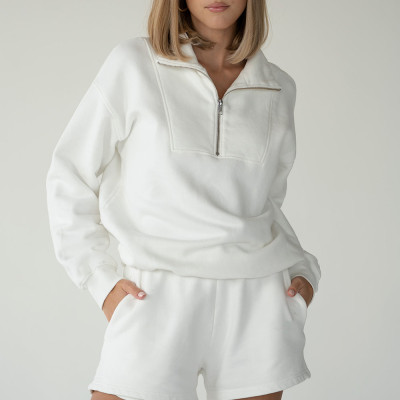 Custom Quarter Zip Sweatshirt Manufacturer - Optical White Organic Cotton Pullover | Sustainable Clothing Factory