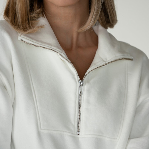 Custom Quarter Zip Sweatshirt Manufacturer - Optical White Organic Cotton Pullover | Sustainable Clothing Factory