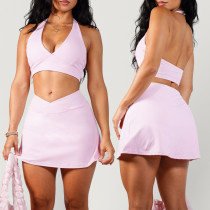 Custom Halter Tennis Skirt Set - White V-Waist Golf Outfit | Golf Apparel Manufacturer