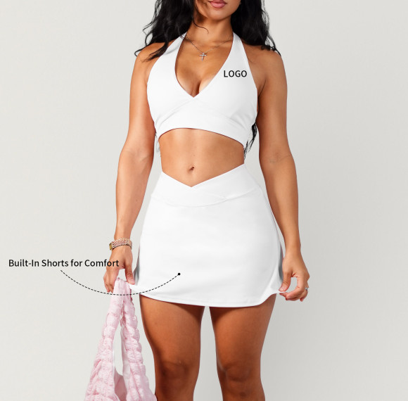 Custom Halter Tennis Skirt Set - White V-Waist Golf Outfit | Golf Apparel Manufacturer