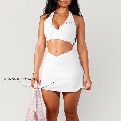 Custom Halter Tennis Skirt Set - White V-Waist Golf Outfit | Golf Apparel Manufacturer