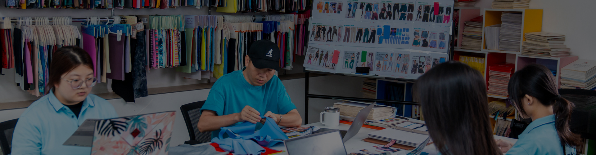 Dedicated activewear design team helping startups with tech packs, fabric selection, and sample making in the studio.