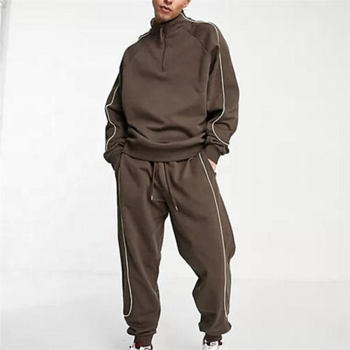 Custom Mens Tracksuit Set Manufacturer - Brown Quarter Zip Contrast Piping | Private Label Streetwear