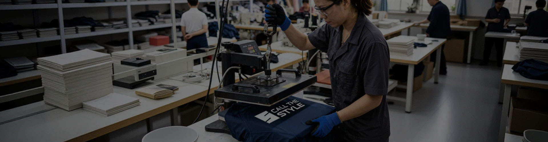 Factory worker applying custom heat transfer logo for private label clothing manufacturing