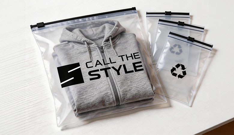 Custom printed frosted EVA zipper bags with brand logo for private label activewear packaging.