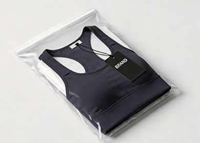 Final pre-production golden sample folded in packaging with custom hang tags