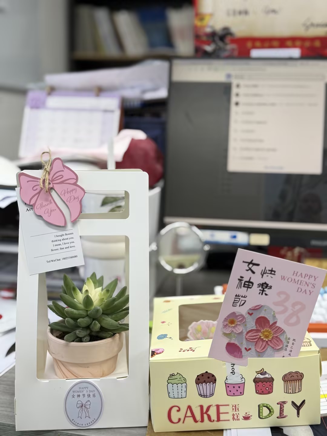 Women's Day succulent plant and DIY cake box on a desk at the Call The STYLE sportswear company office.
