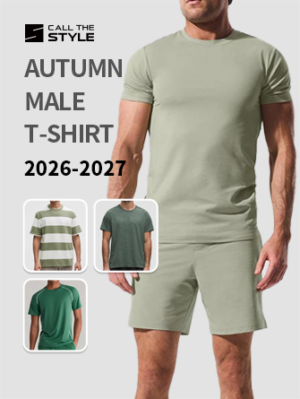 Men's performance gear catalog cover, featuring an olive green athletic t-shirt and training shorts for custom wholesale and B2B activewear sourcing.