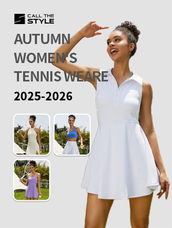 Cover of the women's tennis and court essentials catalog, displaying an elegant white tennis dress for ODM manufacturing and brand customization.