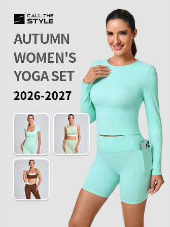 Cover of the 2026 premium women's yoga set catalog, featuring a mint green activewear outfit for ODM manufacturing and private label sourcing.
