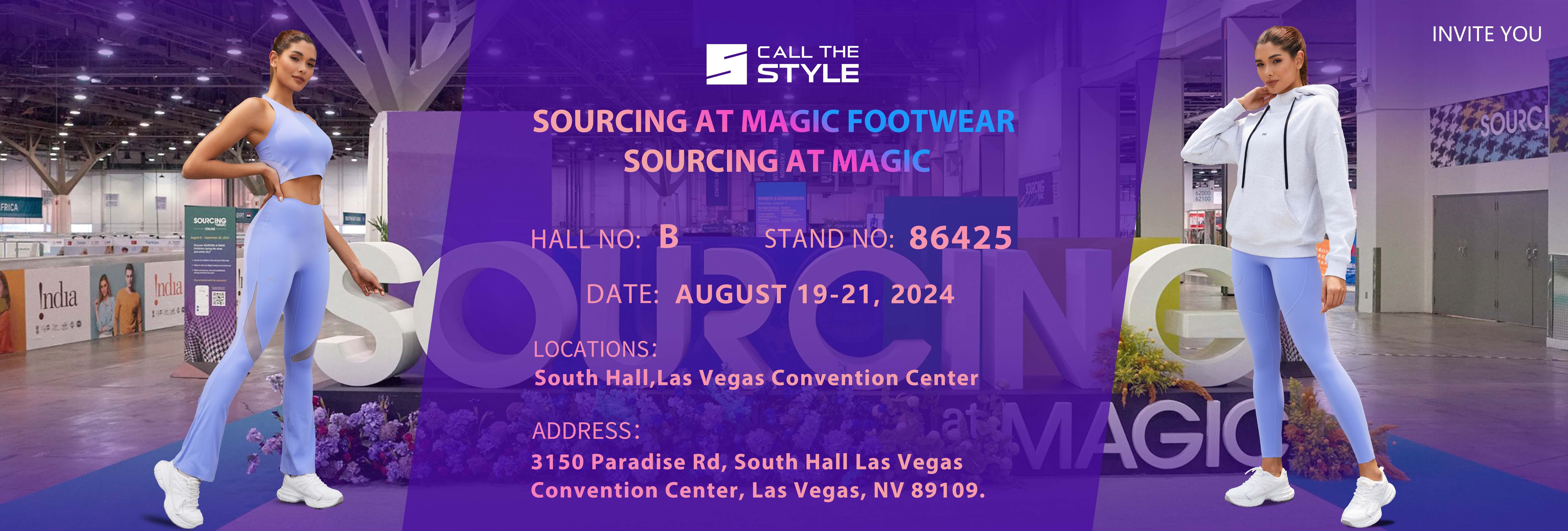 Call The Style Sourcing at MAGIC Las Vegas 2024 exhibition banner showcasing premium cut-and-sew activewear and grey hoodies.
