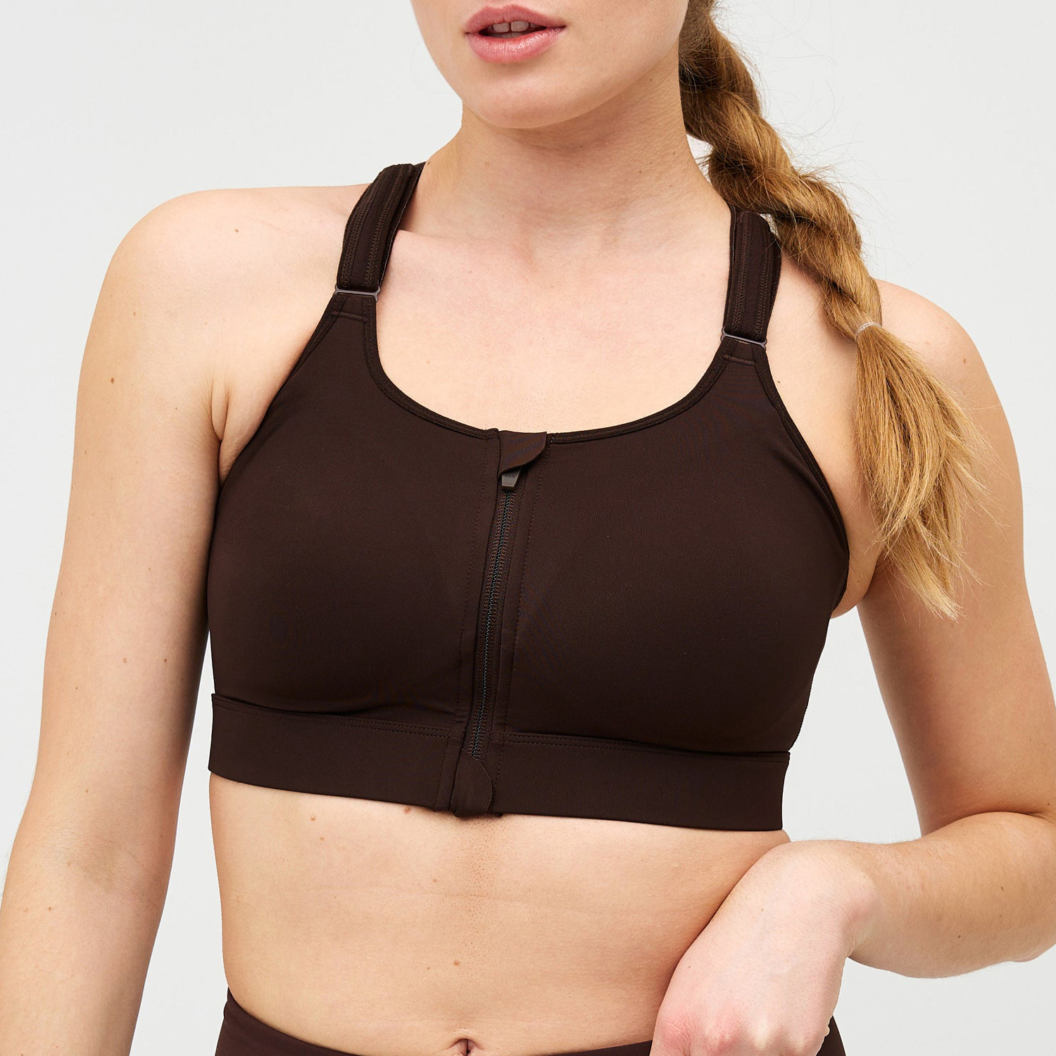 Custom zip front high impact sports bra brown