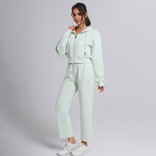 Tailored Pintuck Straight Leg Cropped Zip Up Custom Cotton Blend Tracksuit Set Manufacturer