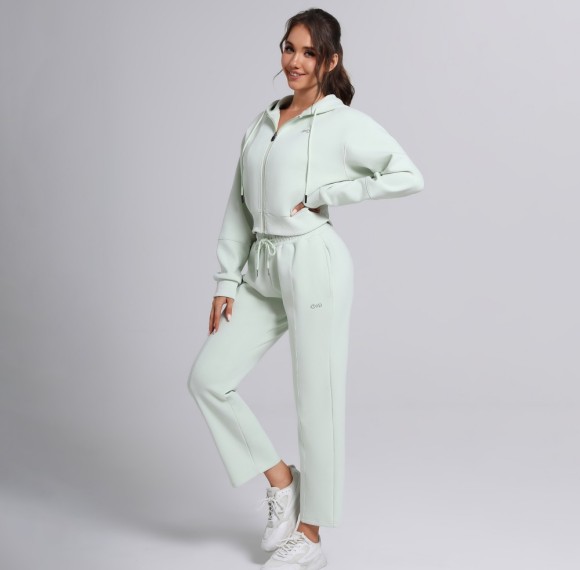 Tailored Pintuck Straight Leg Cropped Zip Up Custom Cotton Blend Tracksuit Set Manufacturer
