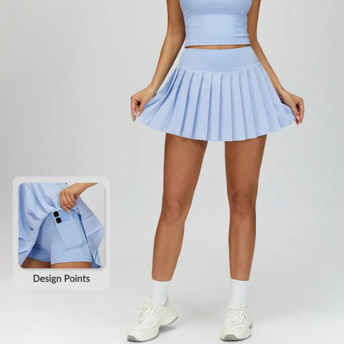 Sky Blue Custom Pleated Tennis Skirts with Pockets - Womens High Waisted Activewear Manufacturer