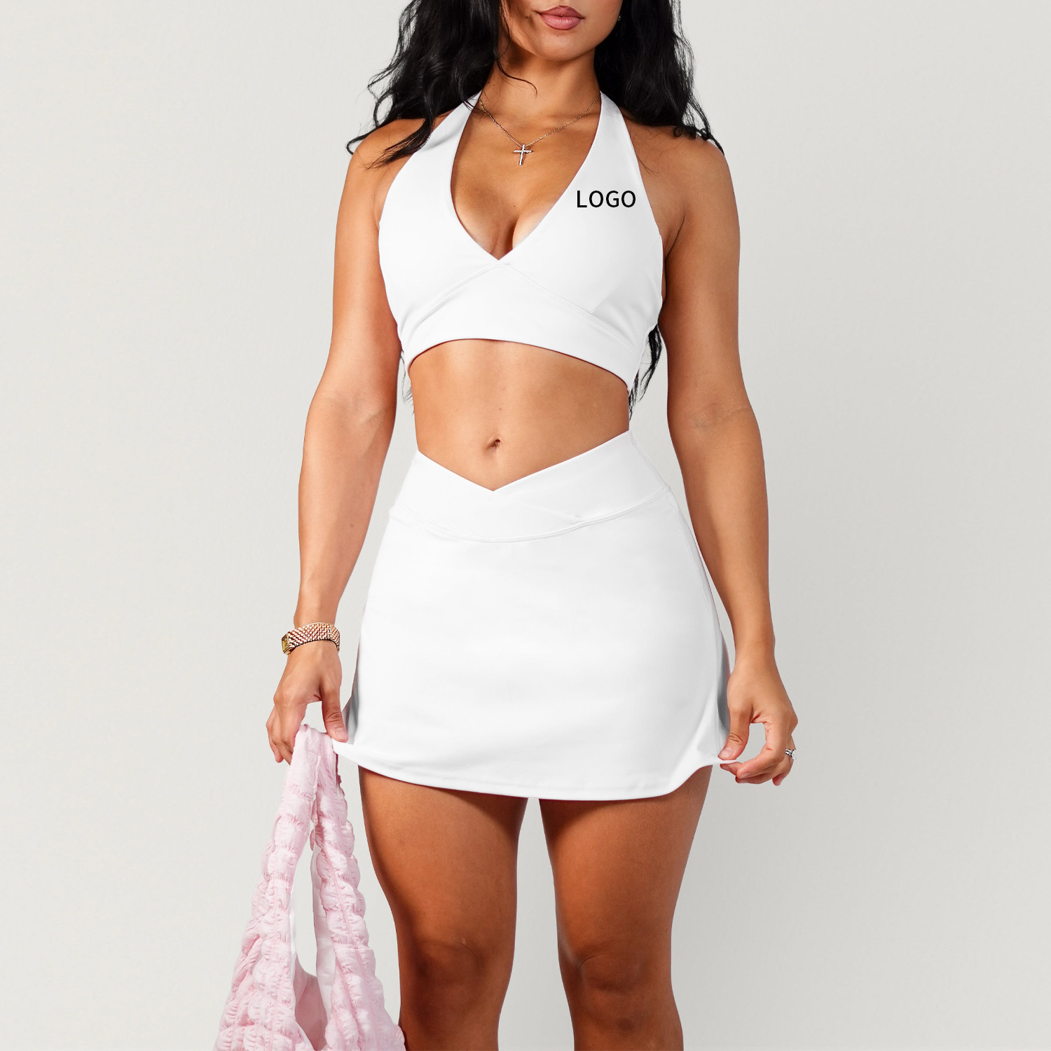 Private label V waist halter tennis outfit set
