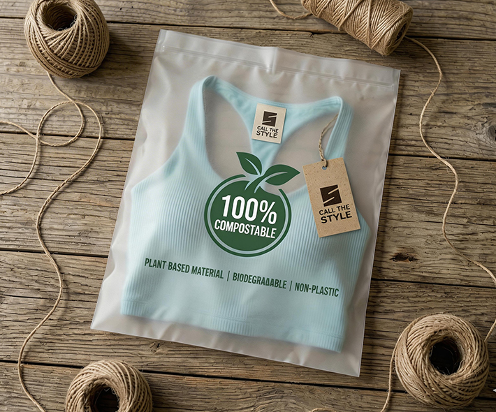 Custom eco-friendly packaging featuring 100% compostable frosted polybags, recycled kraft paper hangtags, and woven labels for Call The Style sportswear.