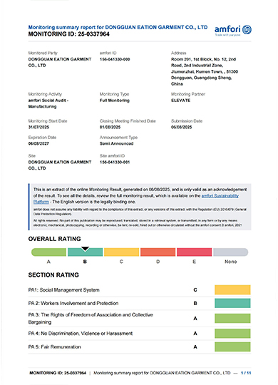 BSCI audit report demonstrating ethical manufacturing and fair labor at our in-house activewear factory.