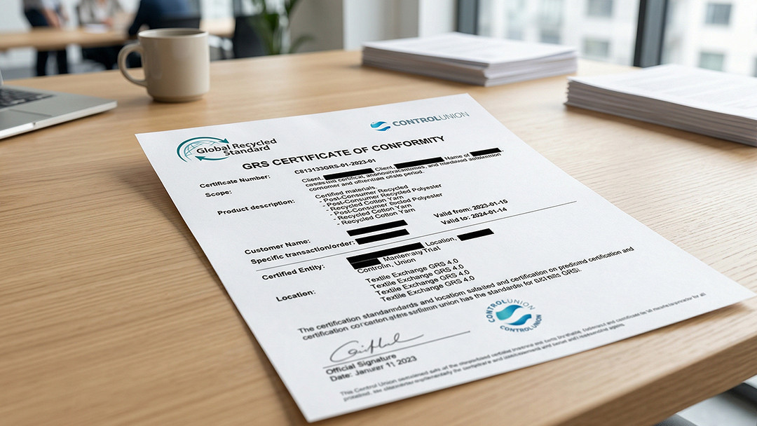An authentic GRS Global Recycled Standard certificate of conformity from Control Union on a desk, a premium quality trust badge.