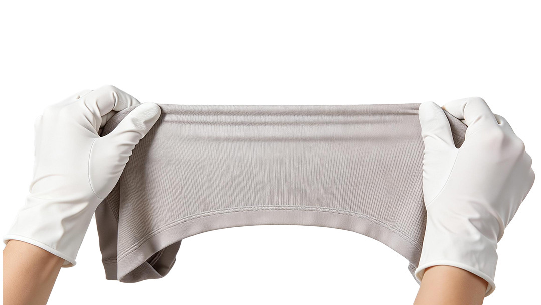 Call The Style technical stretch test with white gloves on gray 4-way stretch activewear fabric to demonstrate high-performance.