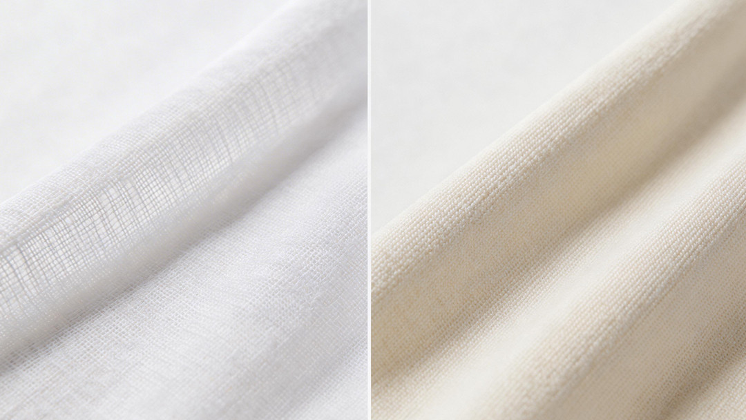 Call The Style Nylon vs Polyester activewear fabric comparison: textured white (left) vs fine cream polyester knit (right).
