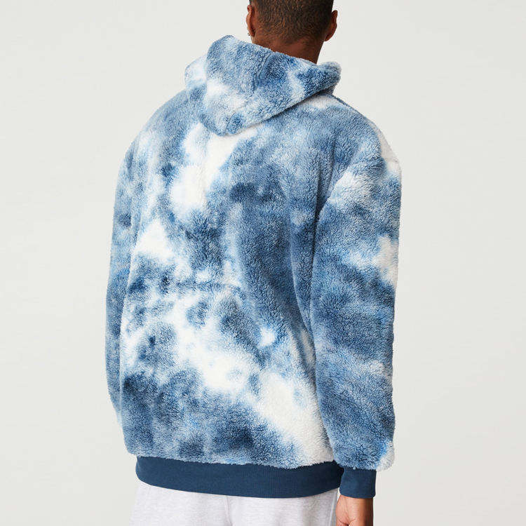 Cozy tie dye sherpa hoodie back view showing relaxed fit