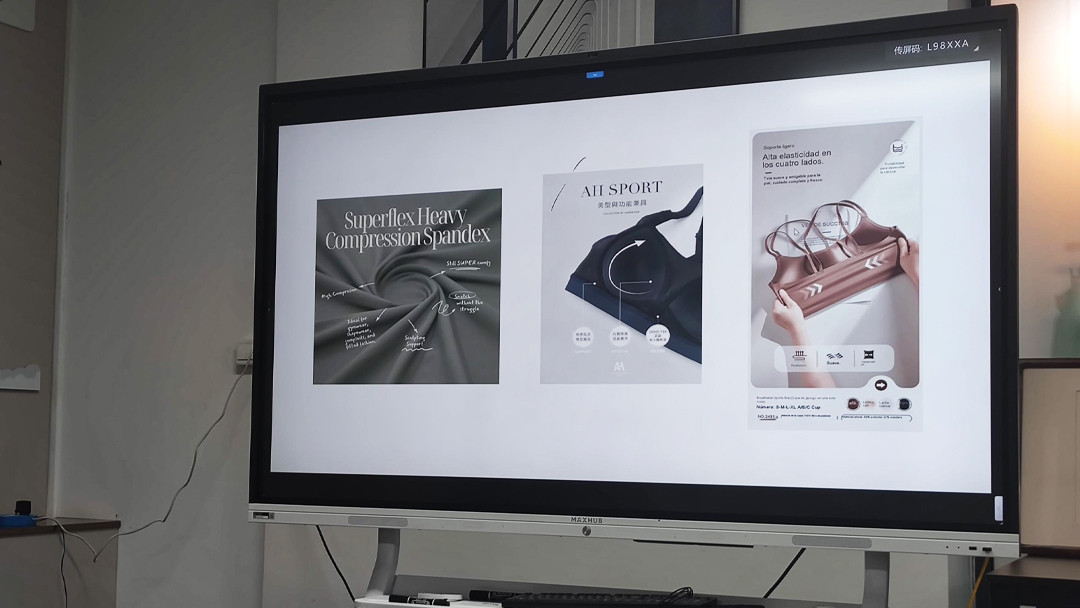 Technical presentation screen detailing Superflex Heavy Compression Spandex and sports bra features for SS26 collection.