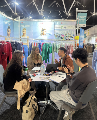 Activewear tech pack and design consultation with clients at Australia Trade Fair 2025 by Call The Style experts.