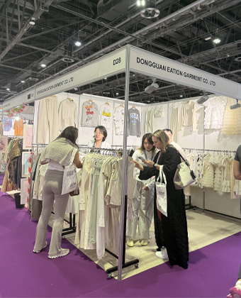 Premium private label sportswear and yoga wear display at Dubai Fashion Show 2025 by Dongguan Eation Garment.