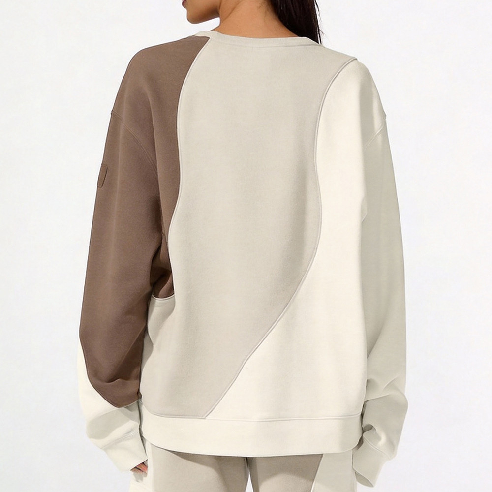 Brown and white patchwork sweatshirt back view