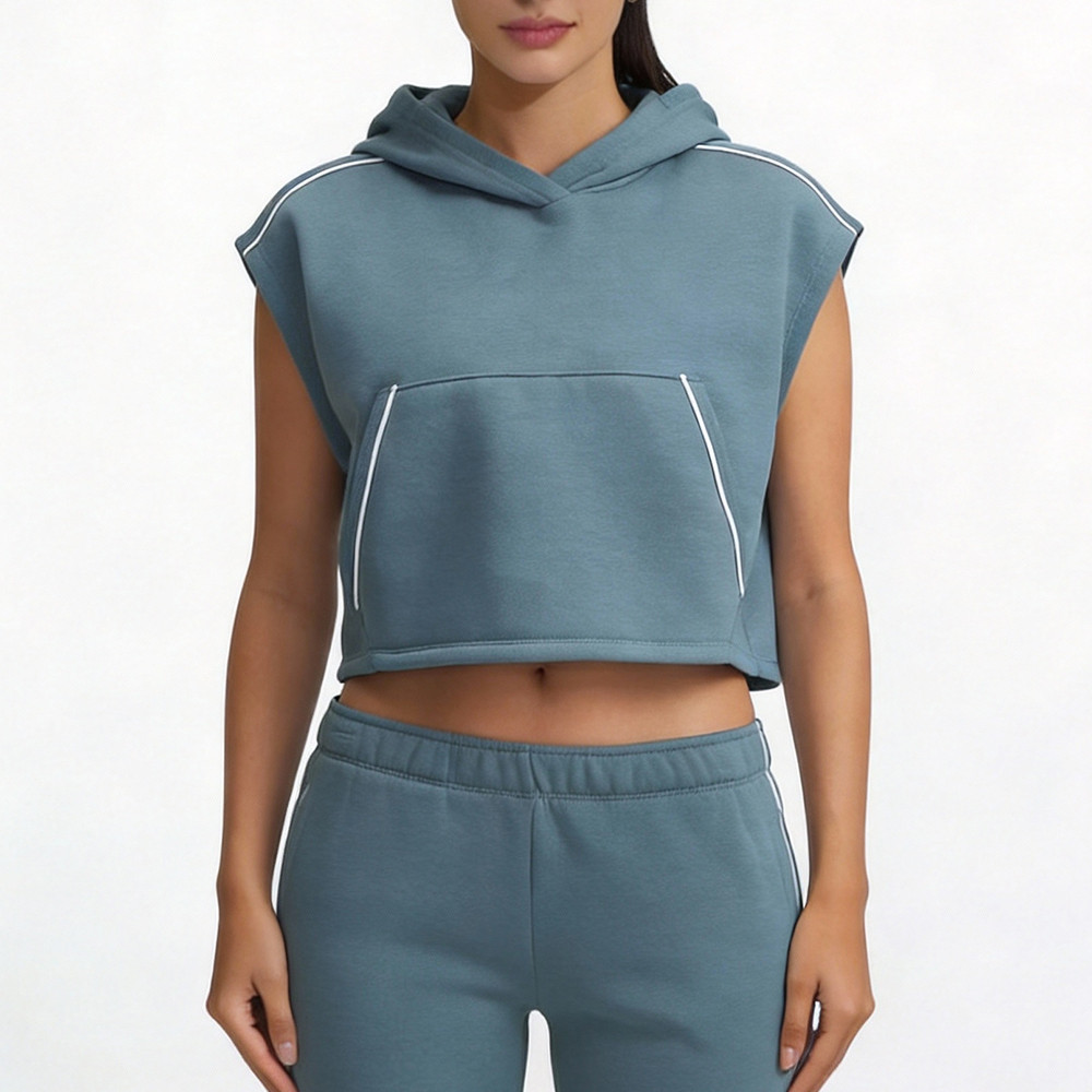 Private label custom blue sleeveless cropped hoodie