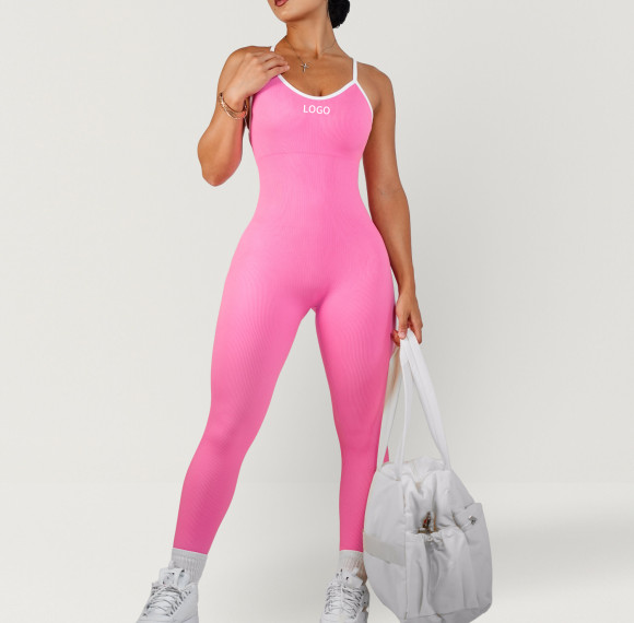 Nylon Spandex Ribbed Custom Workout Jumpsuits With Built-In Bra - Jumpsuit Manufacturer
