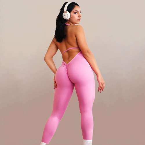 Scrunch Butt Deep V Halter Custom Yoga Unitards With Built-In Bra - Jumpsuit Manufacturer