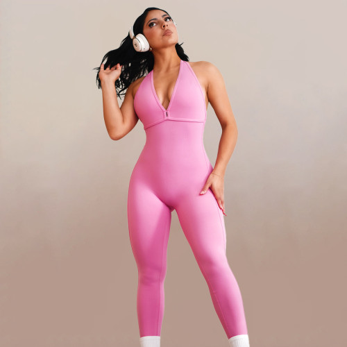 Scrunch Butt Deep V Halter Custom Yoga Unitards With Built-In Bra - Jumpsuit Manufacturer