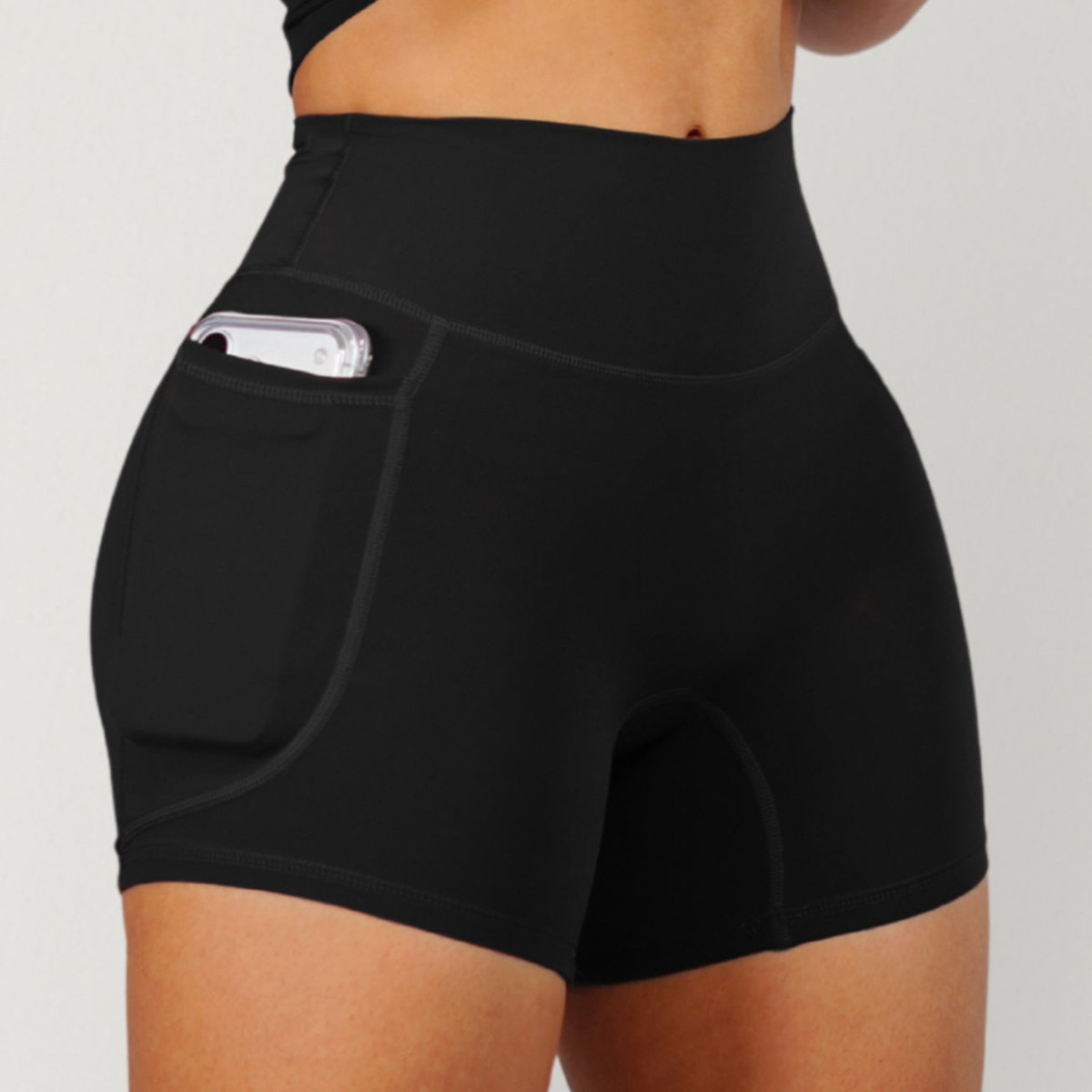 Black custom biker shorts side pocket view