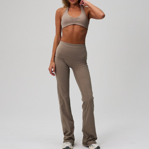 Ultra Smooth Nylon Spandex Foldover Flare Leggings and Halter Top Two Piece Workout Set Manufacturer