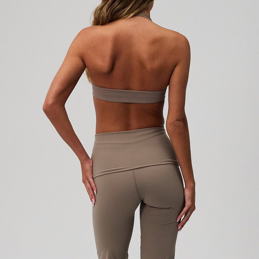 Brown halter workout set open back detail view