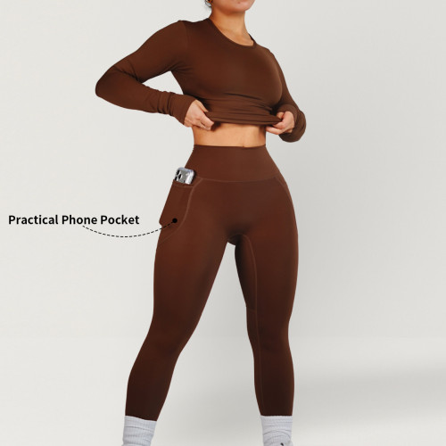 High Stretch Nylon Spandex Gym Workout Leggings with Deep Side Pockets and Curved Glute Contour
