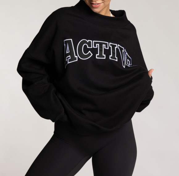 Drop Shoulder Brushed Fleece Graphic Patch Mock Neck Womens Activewear and Loungewear Sweatshirt