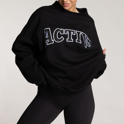 Drop Shoulder Brushed Fleece Graphic Patch Mock Neck Womens Activewear and Loungewear Sweatshirt