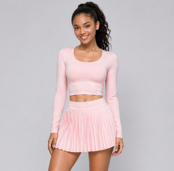 Pleated Skort With Built In Pocket Shorts Long Sleeve Crop Top Tennis And Pickleball Workout Set