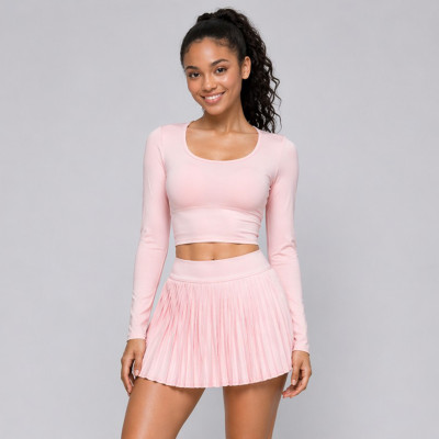 Pleated Skort With Built In Pocket Shorts Long Sleeve Crop Top Tennis And Pickleball Workout Set