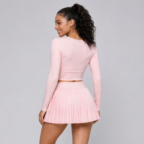Pleated Skort With Built In Pocket Shorts Long Sleeve Crop Top Tennis And Pickleball Workout Set