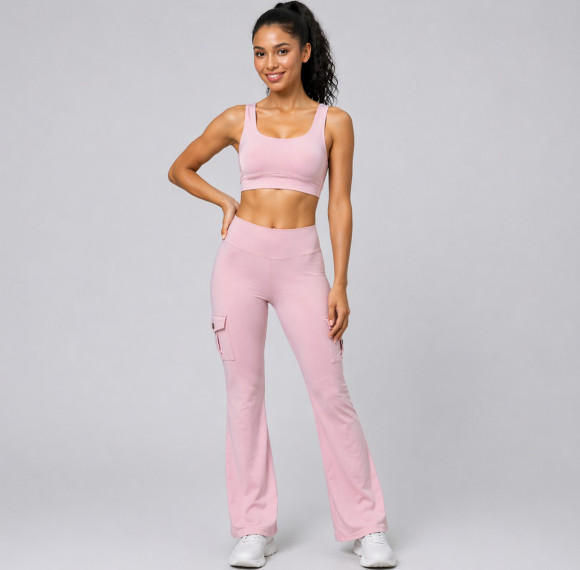 Scrunch Butt Cargo Pocket Flare Leggings And Scoop Neck Sports Bra Matching Workout Yoga Set