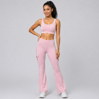 Scrunch Butt Cargo Pocket Flare Leggings And Scoop Neck Sports Bra Matching Workout Yoga Set
