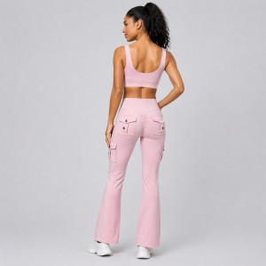 Scrunch Butt Cargo Pocket Flare Leggings And Scoop Neck Sports Bra Matching Workout Yoga Set