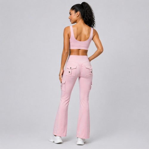 Scrunch Butt Cargo Pocket Flare Leggings And Scoop Neck Sports Bra Matching Workout Yoga Set