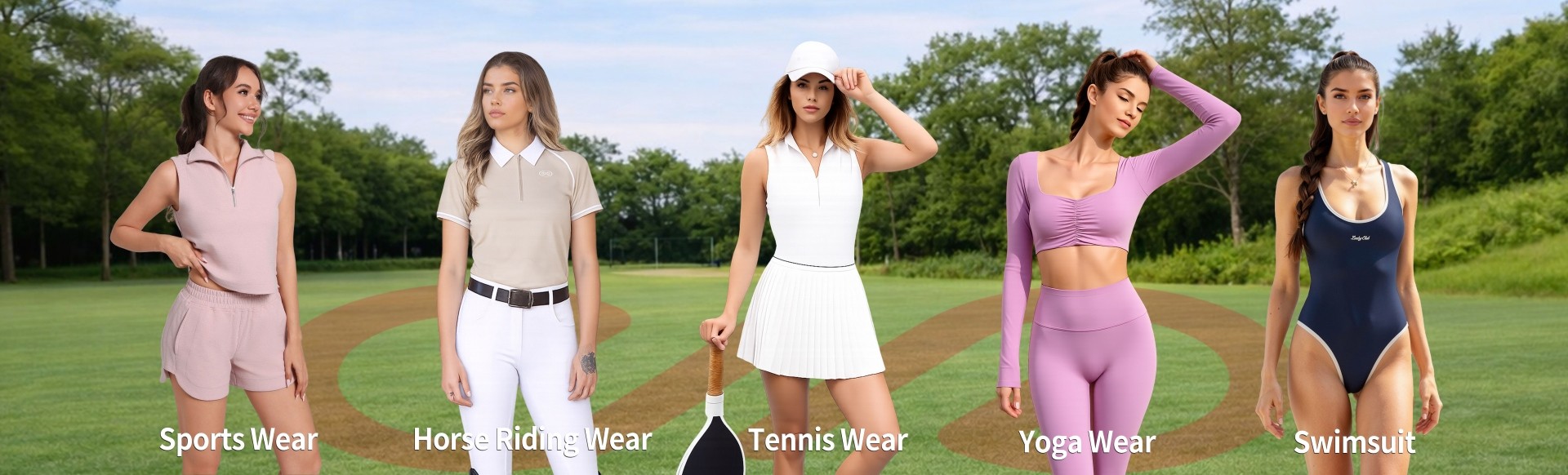 Call The STYLE SS26 women's collection featuring custom tennis wear, horse riding gear, and compression yoga sets.