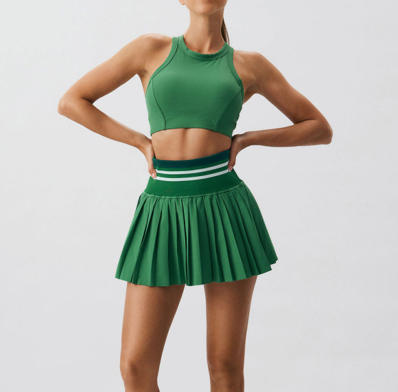 Ribbed Racerback Sports Bra Striped Waistband Pleated Pocket Skort Tennis And Pickleball Set