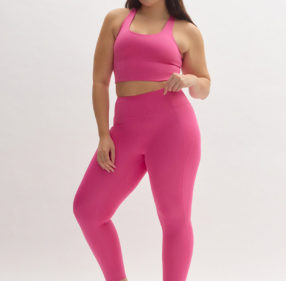 High Waisted Squat Proof Hidden Pocket V Back Plus Size Pink Yoga Set